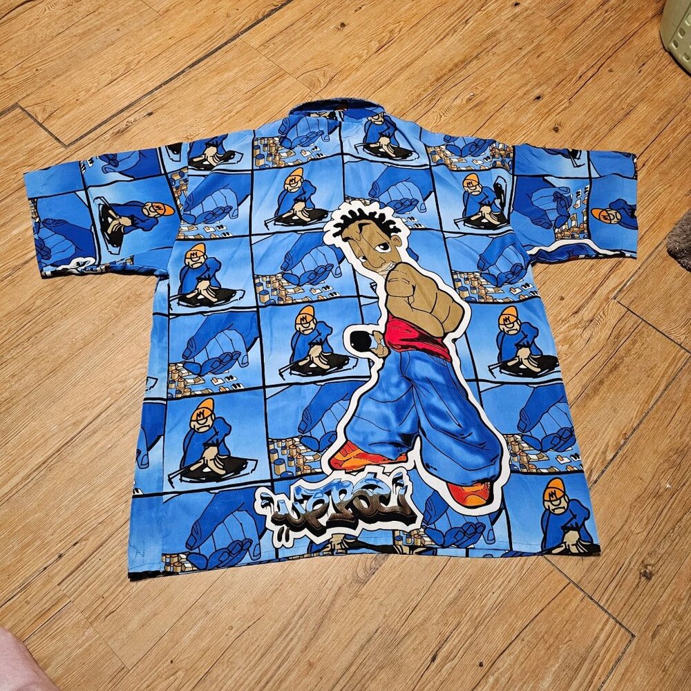Vtg 90s Y2K  UP RO'S Allover Print Shirt Hip Hop DJ Urban Artist Rap Graffiti XL - Picture 15 of 16
